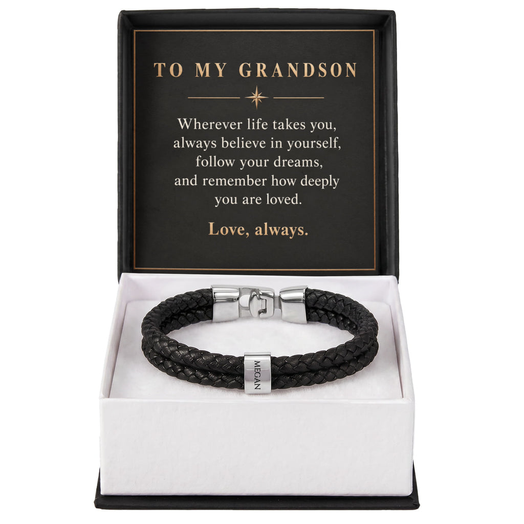 Personalized Name Bracelet for Grandson – Custom Engraved Bead Bracelet | Birthday & Graduation Gift from Grandma and Grandpa