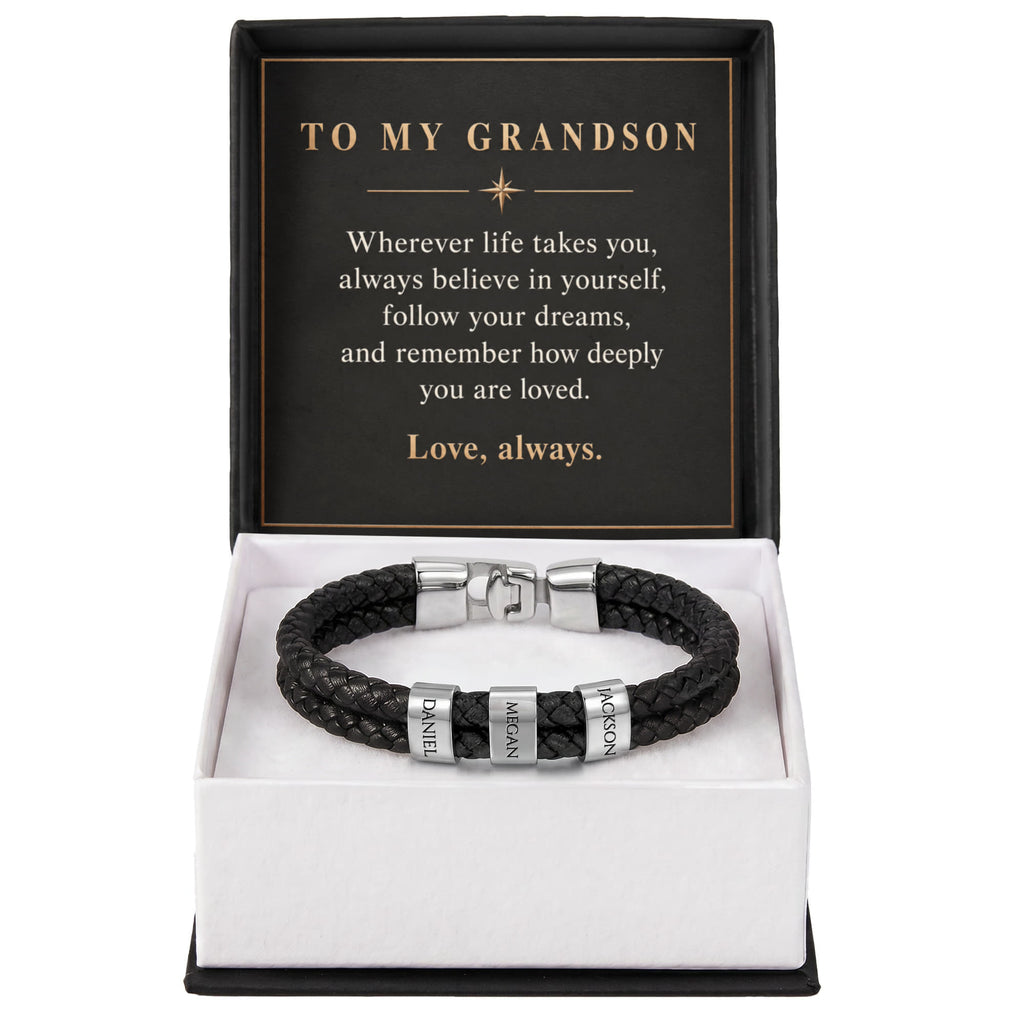 Personalized Name Bracelet for Grandson – Custom Engraved Bead Bracelet | Birthday & Graduation Gift from Grandma and Grandpa