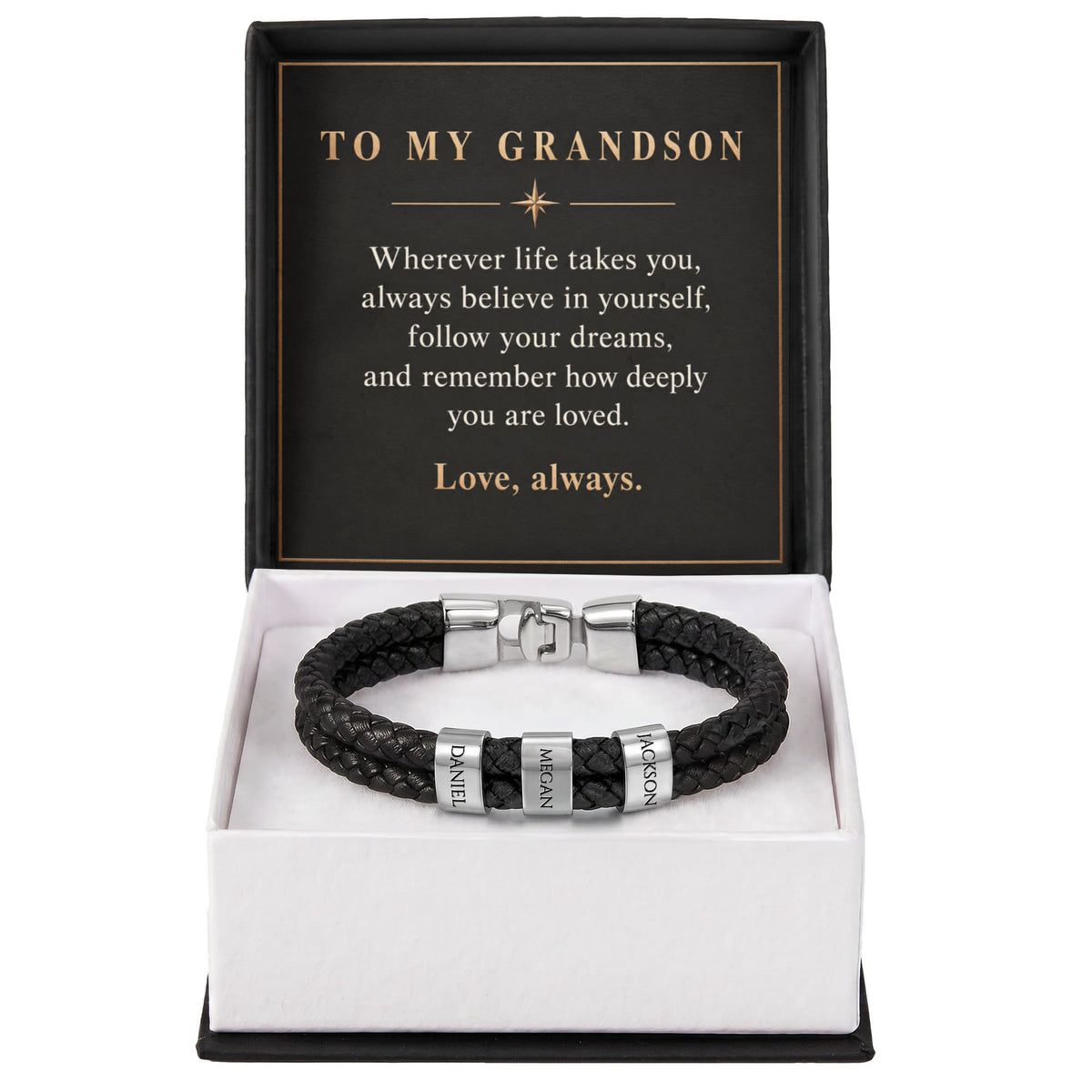 Personalized Name Bracelet for Grandson – Custom Engraved Bead Bracelet | Birthday & Graduation Gift from Grandma and Grandpa
