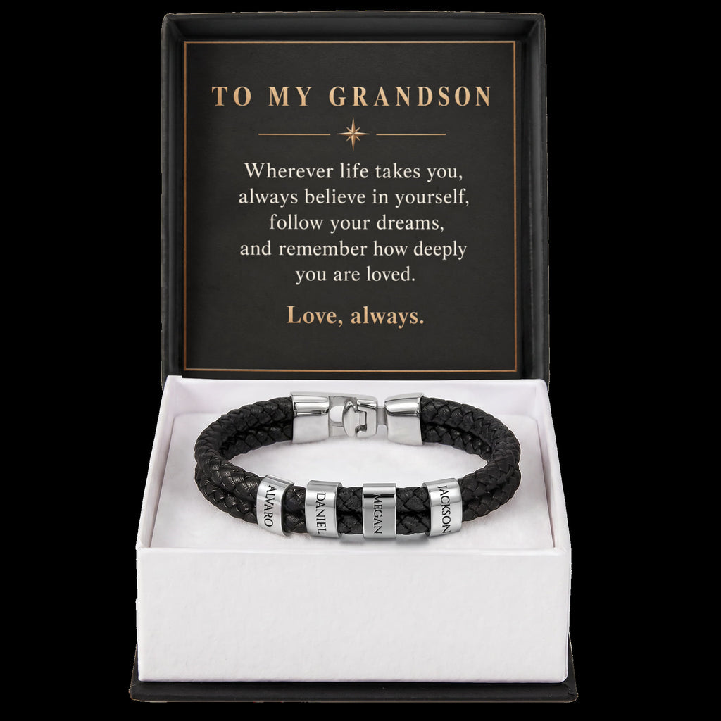 Personalized Name Bracelet for Grandson – Custom Engraved Bead Bracelet | Birthday & Graduation Gift from Grandma and Grandpa
