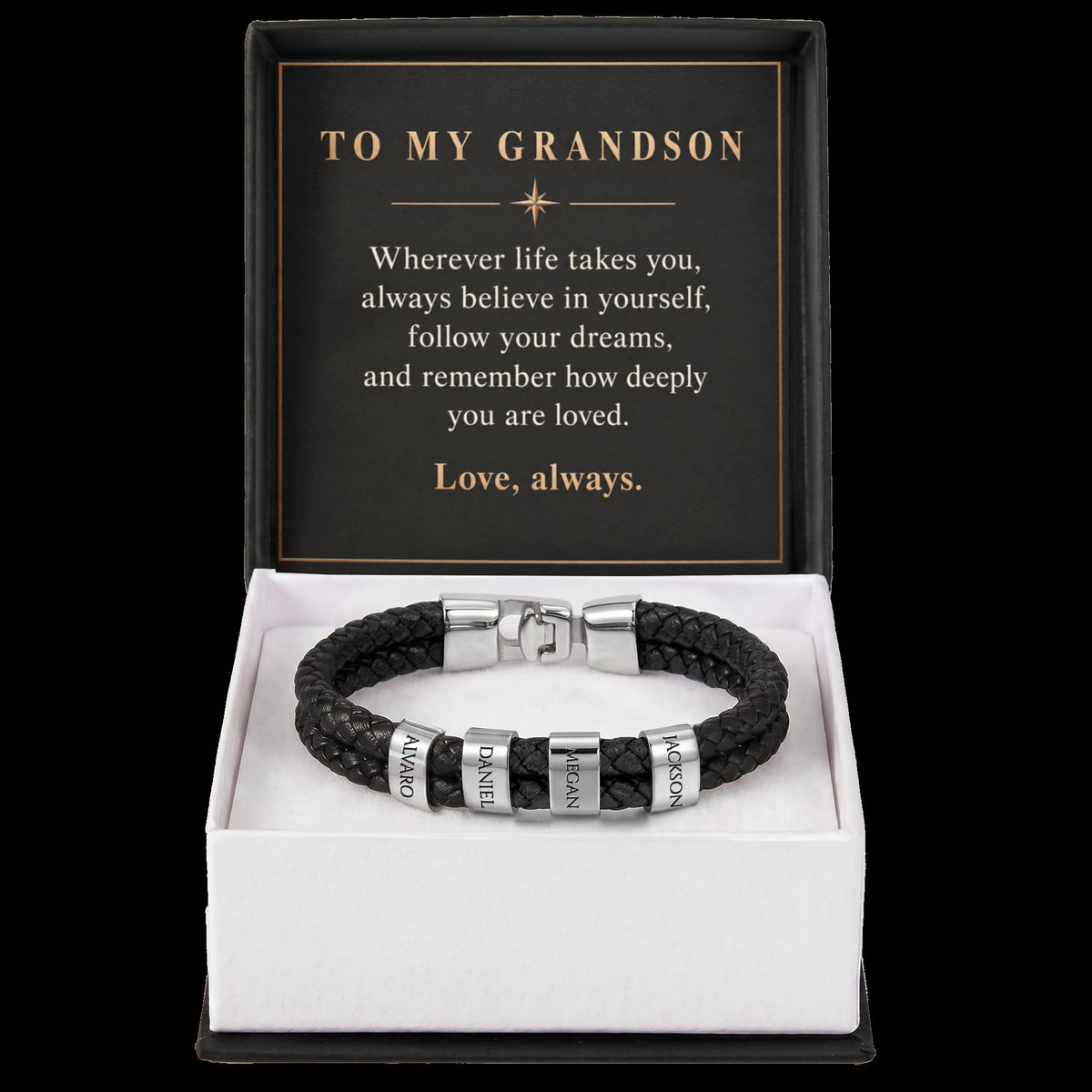 Personalized Name Bracelet for Grandson – Custom Engraved Bead Bracelet | Birthday & Graduation Gift from Grandma and Grandpa