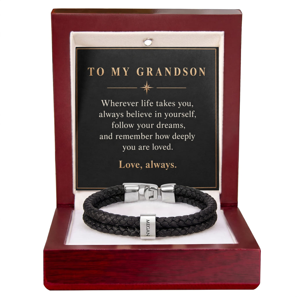 Personalized Name Bracelet for Grandson – Custom Engraved Bead Bracelet | Birthday & Graduation Gift from Grandma and Grandpa