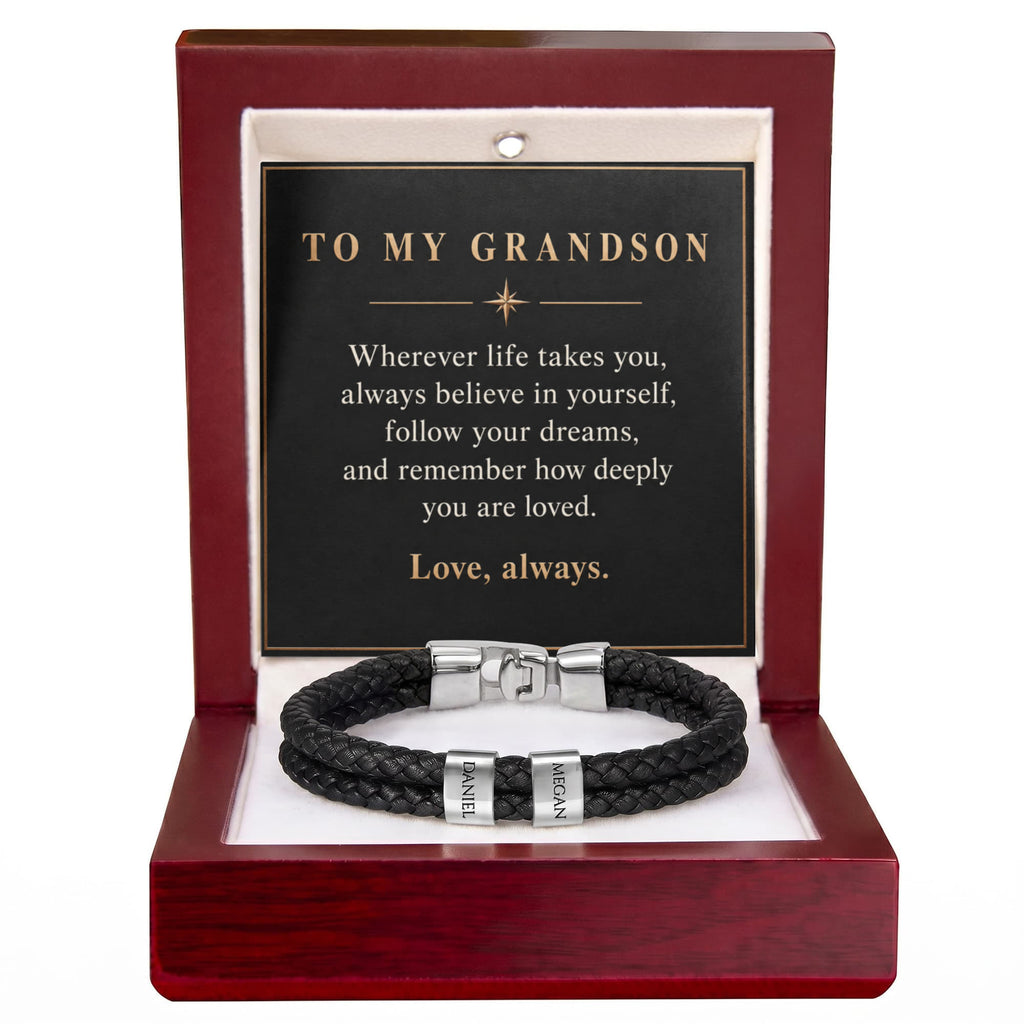 Personalized Name Bracelet for Grandson – Custom Engraved Bead Bracelet | Birthday & Graduation Gift from Grandma and Grandpa