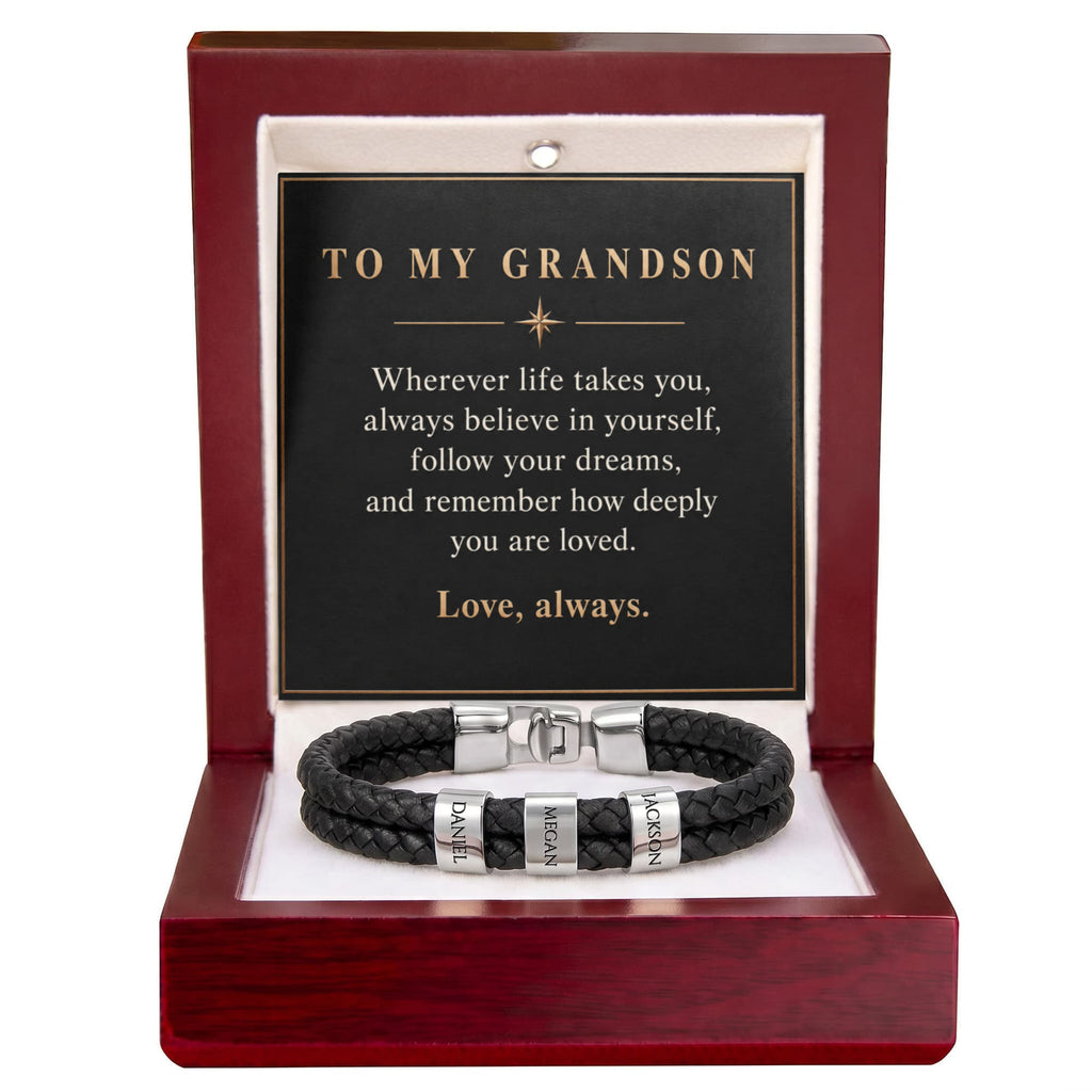 Personalized Name Bracelet for Grandson – Custom Engraved Bead Bracelet | Birthday & Graduation Gift from Grandma and Grandpa