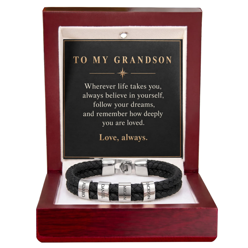 Personalized Name Bracelet for Grandson – Custom Engraved Bead Bracelet | Birthday & Graduation Gift from Grandma and Grandpa
