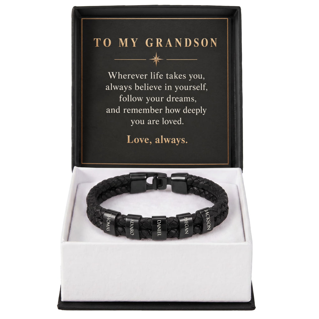 Personalized Name Bracelet for Grandson – Custom Engraved Bead Bracelet | Birthday & Graduation Gift from Grandma and Grandpa