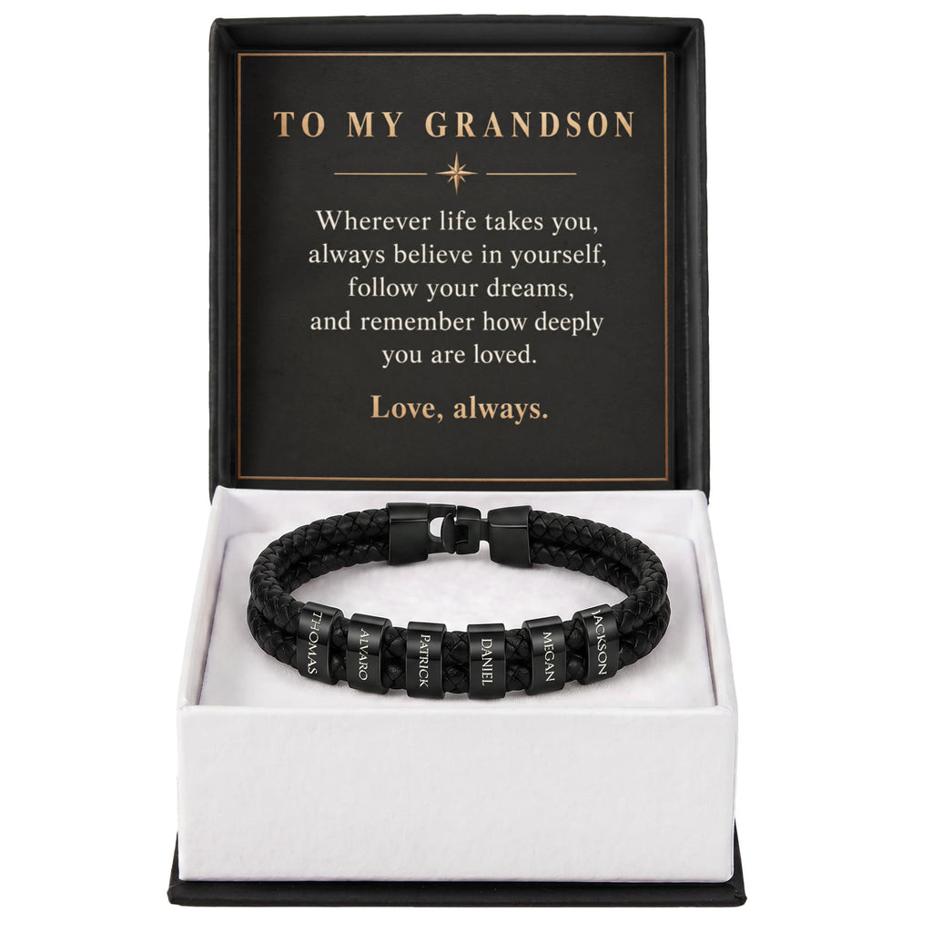 Personalized Name Bracelet for Grandson – Custom Engraved Bead Bracelet | Birthday & Graduation Gift from Grandma and Grandpa