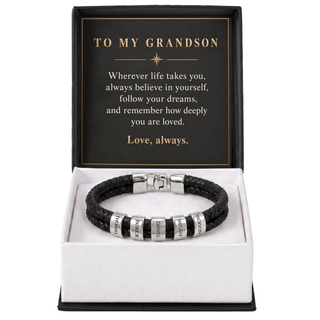 Personalized Name Bracelet for Grandson – Custom Engraved Bead Bracelet | Birthday & Graduation Gift from Grandma and Grandpa