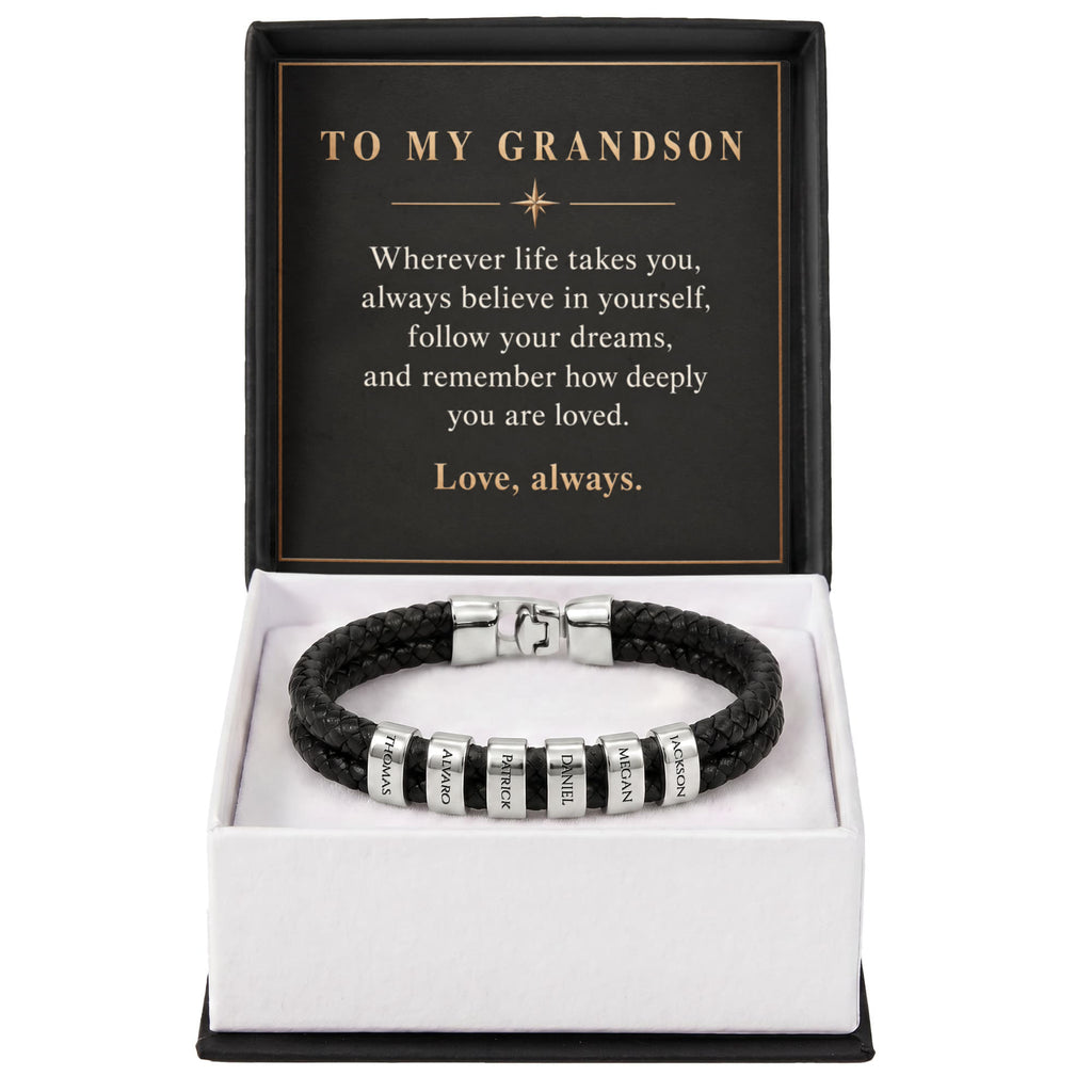 Personalized Name Bracelet for Grandson – Custom Engraved Bead Bracelet | Birthday & Graduation Gift from Grandma and Grandpa