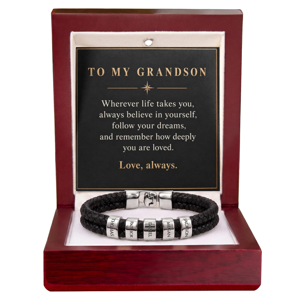 Personalized Name Bracelet for Grandson – Custom Engraved Bead Bracelet | Birthday & Graduation Gift from Grandma and Grandpa