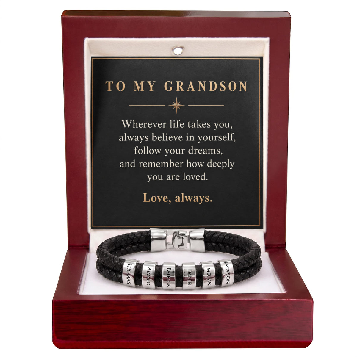 Personalized Name Bracelet for Grandson – Custom Engraved Bead Bracelet | Birthday & Graduation Gift from Grandma and Grandpa