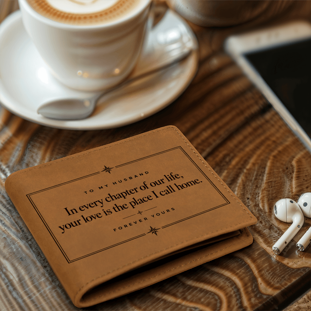 Genuine leather husband wallet displayed with everyday accessories
