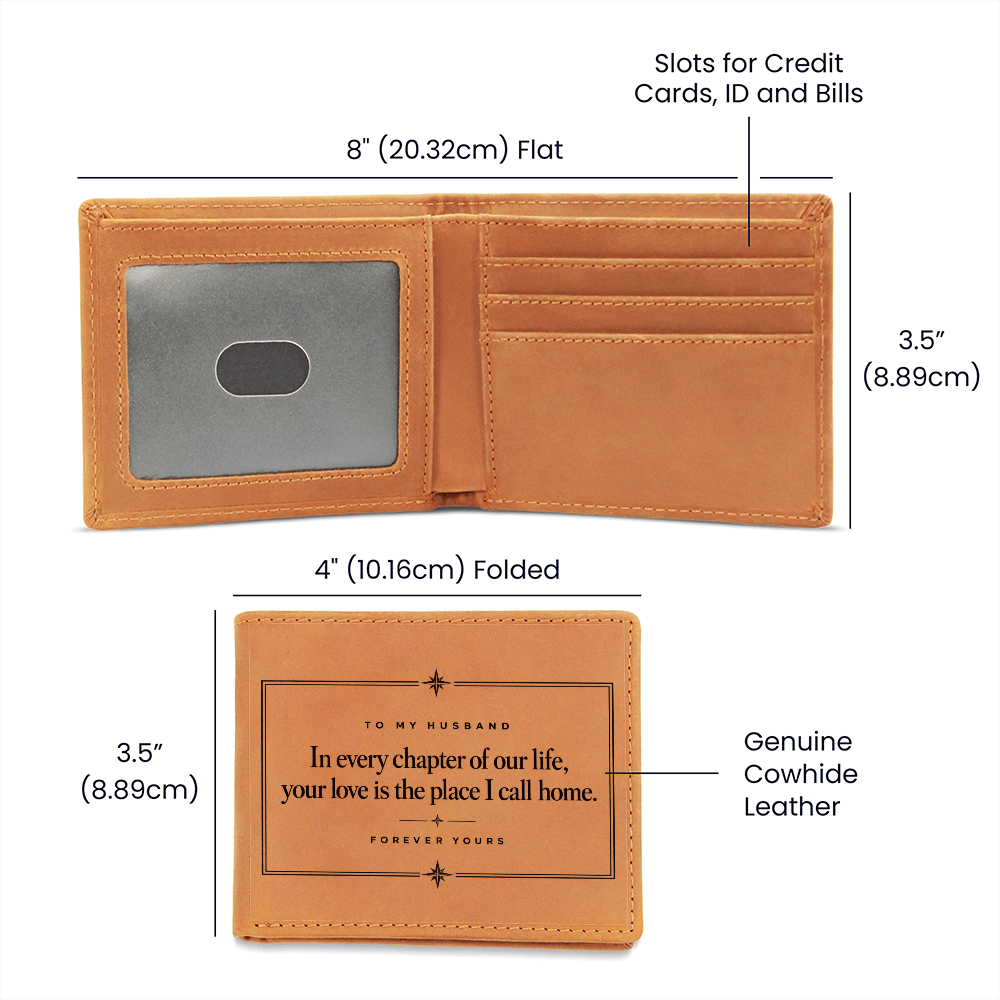 Front and interior views of the brown leather bifold wallet