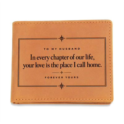 Brown leather wallet with Forever Yours message for husband