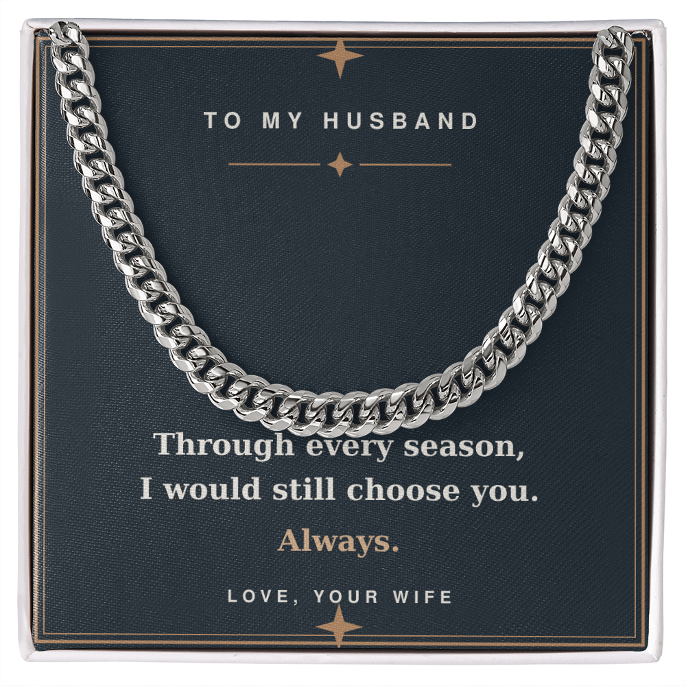 Silver Cuban link chain with Always Choose You husband message card