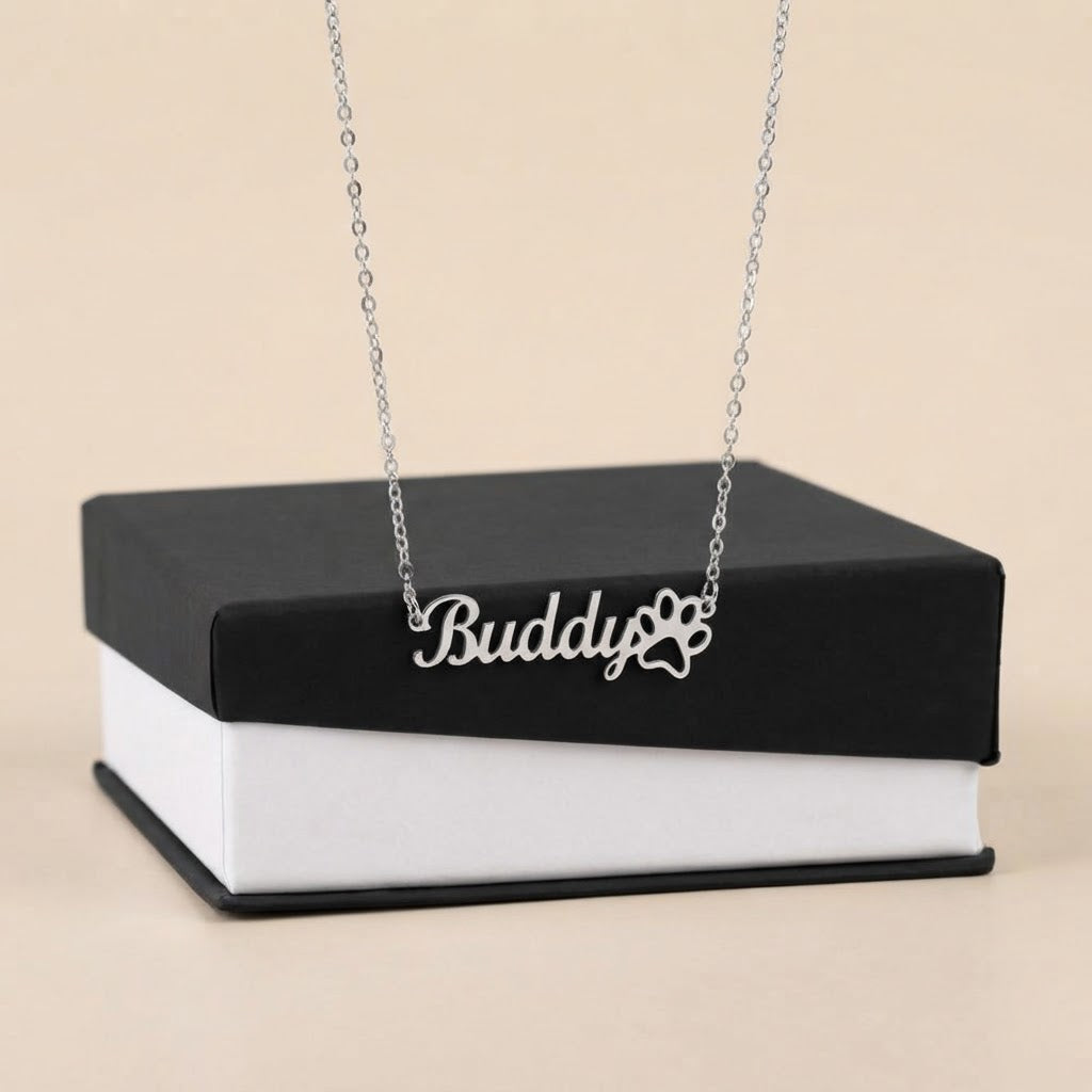 Personalized Pet Name Necklace with Paw Print
