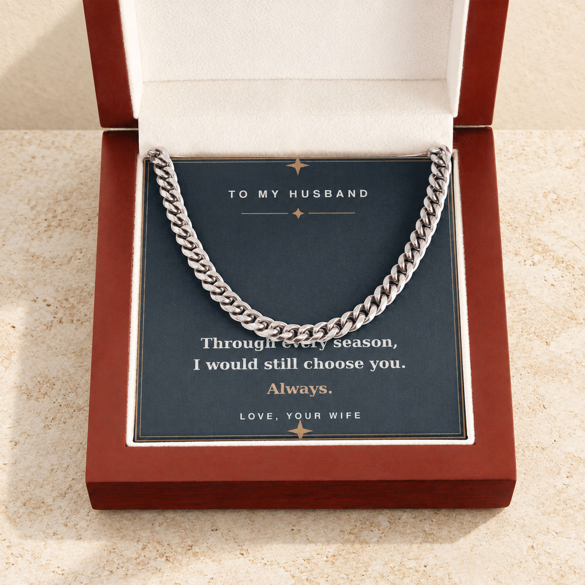Silver Cuban link chain in the luxury wooden gift box