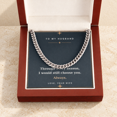 Silver Cuban link chain in the luxury wooden gift box