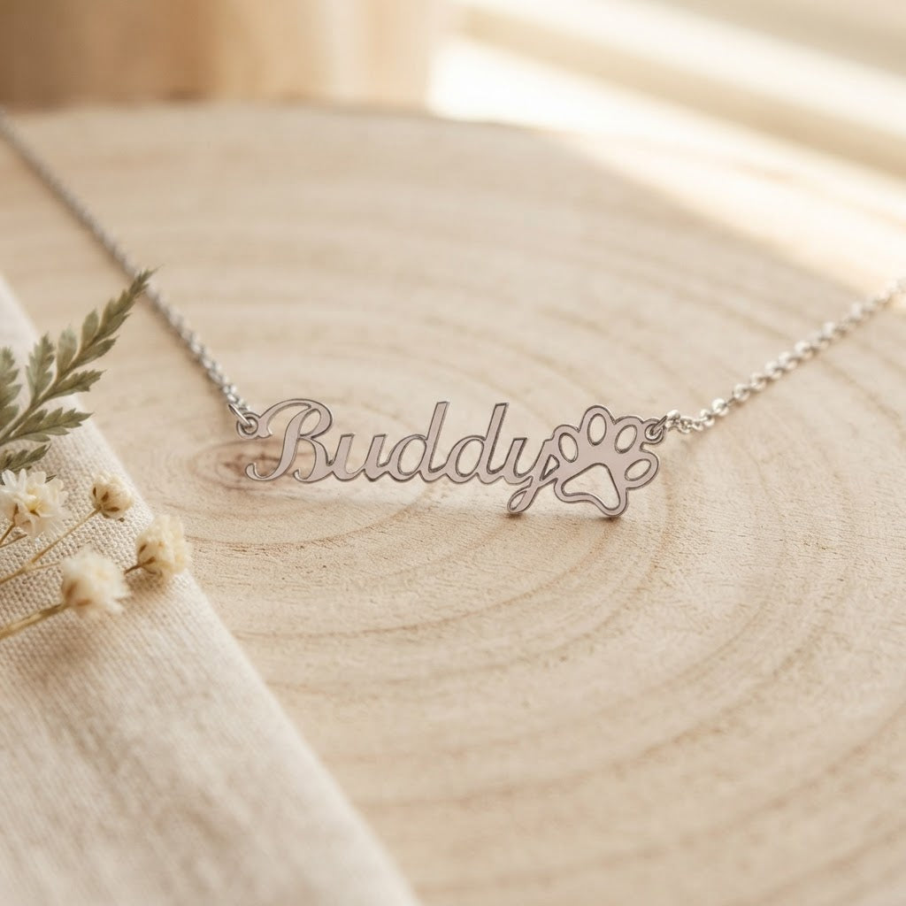 Personalized Pet Name Necklace with Paw Print