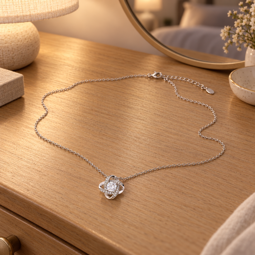 Silver Love Knot necklace resting on a wooden dresser in warm evening light