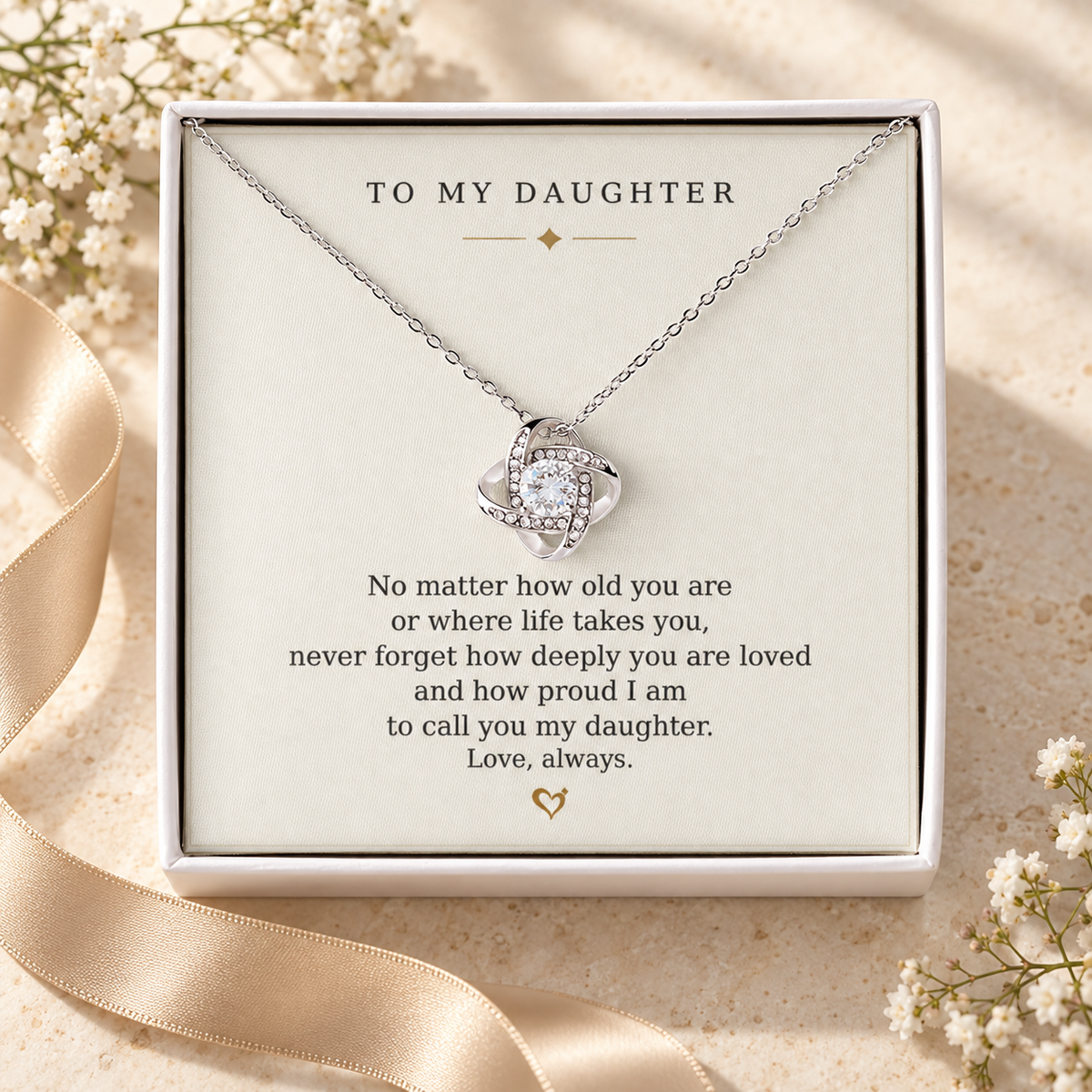 Silver Love Knot necklace with cubic zirconia pendant and adjustable chain