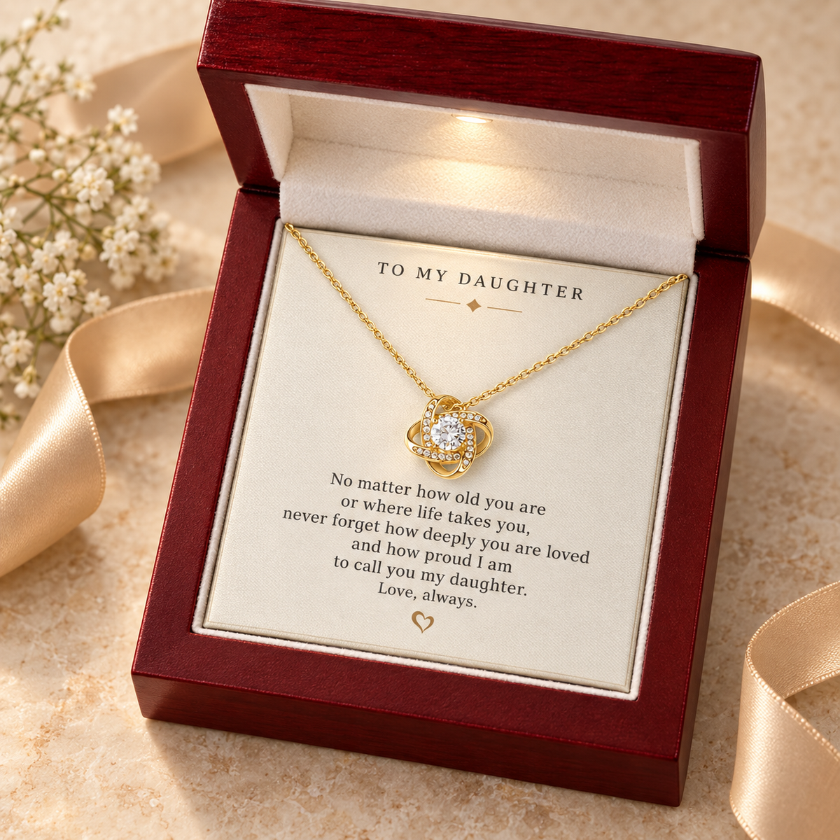 Gold Love Knot necklace in a mahogany-style luxury box with LED light