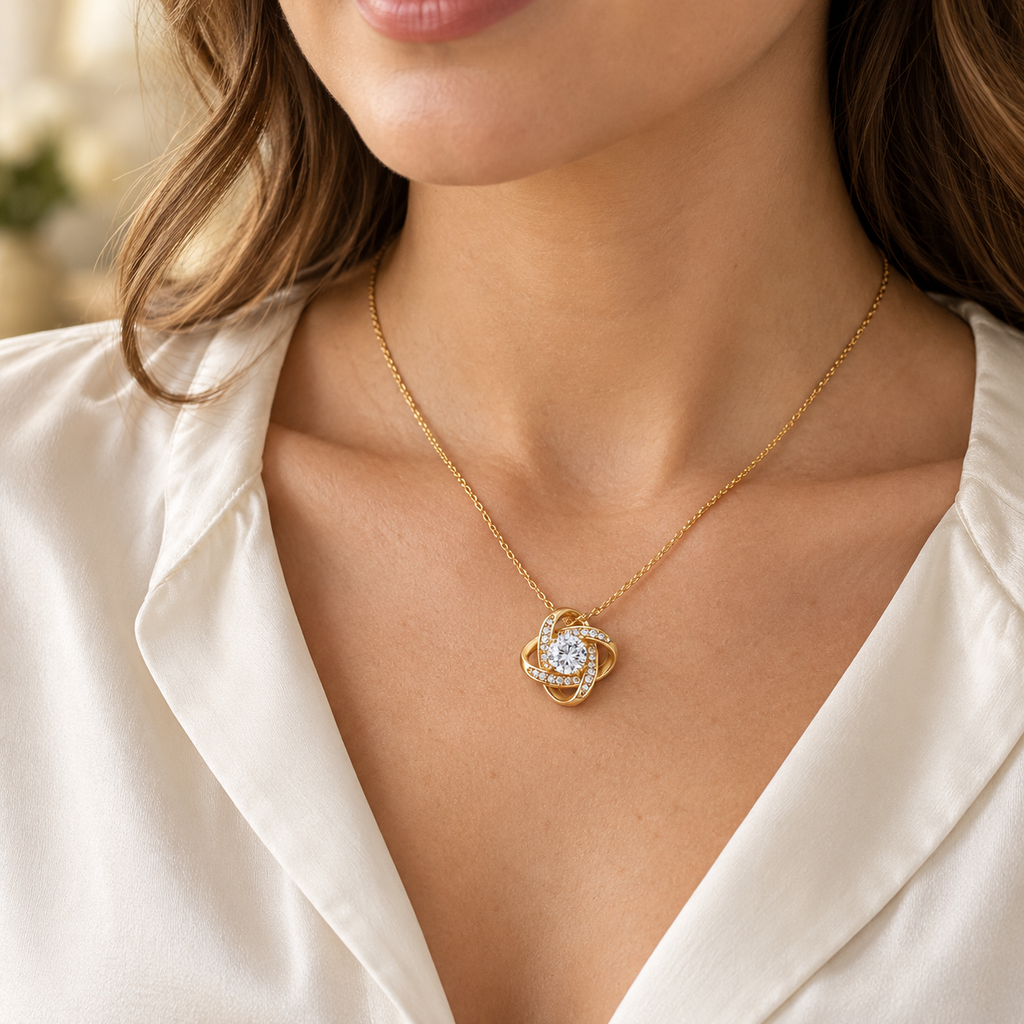 Gold Love Knot necklace worn with an elegant ivory blouse