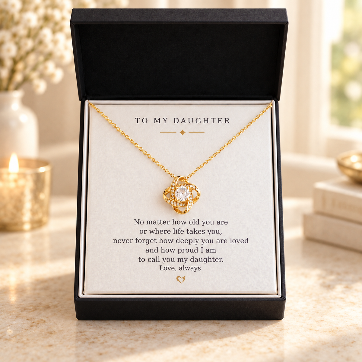 Gold Love Knot necklace in a standard gift box with a meaningful daughter message card