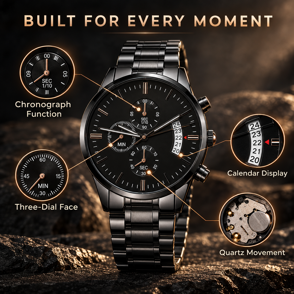 Black chronograph watch featuring a three-dial face, calendar display and quartz movement