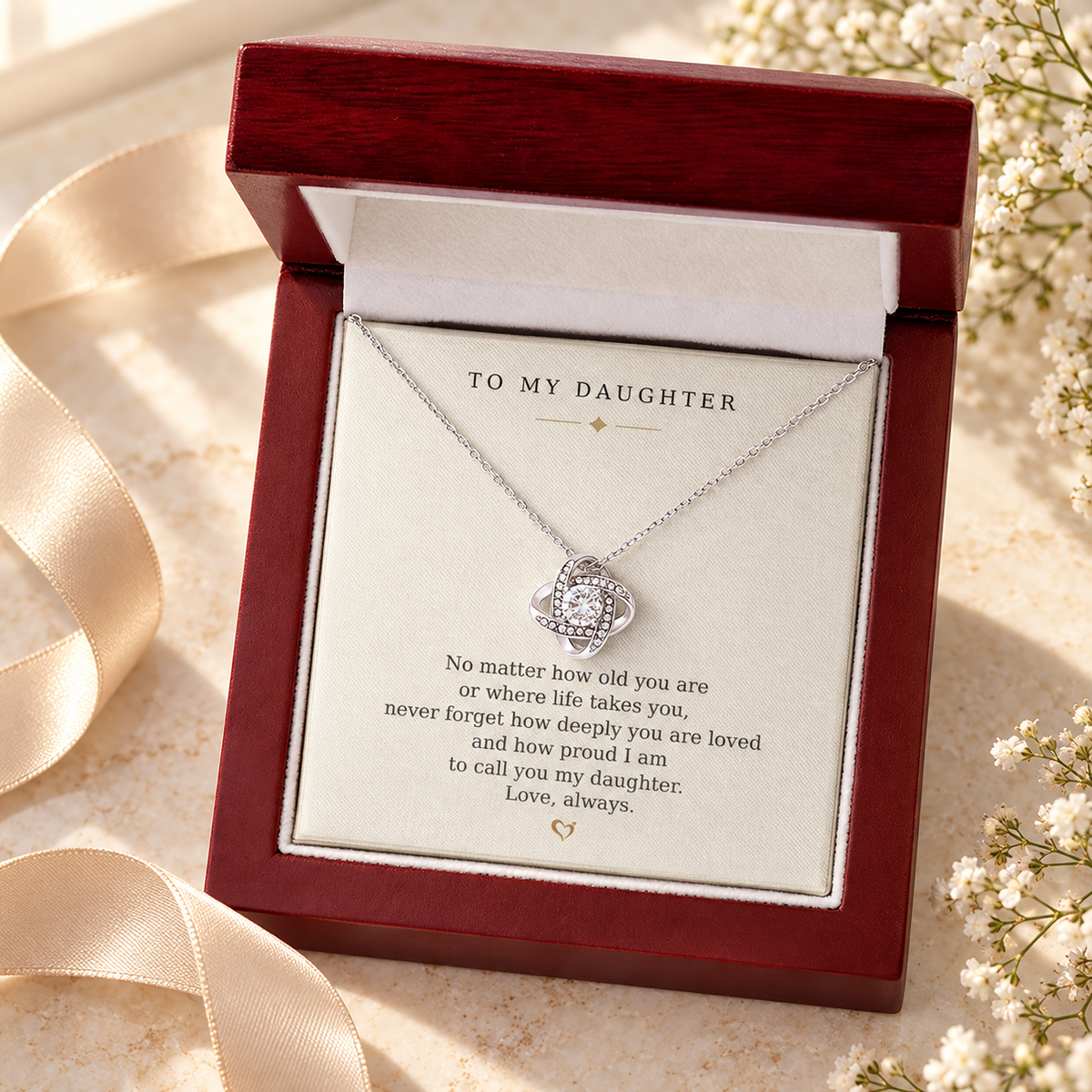 Silver Love Knot necklace in a mahogany-style luxury box with LED light