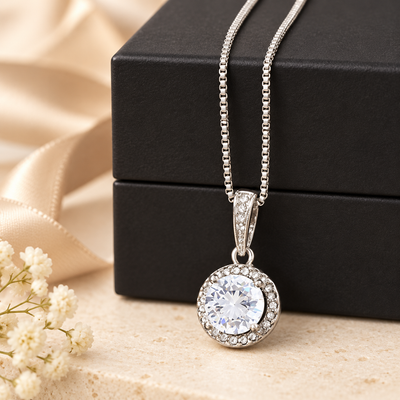 Eternal Hope cubic zirconia necklace displayed on a black gift box
