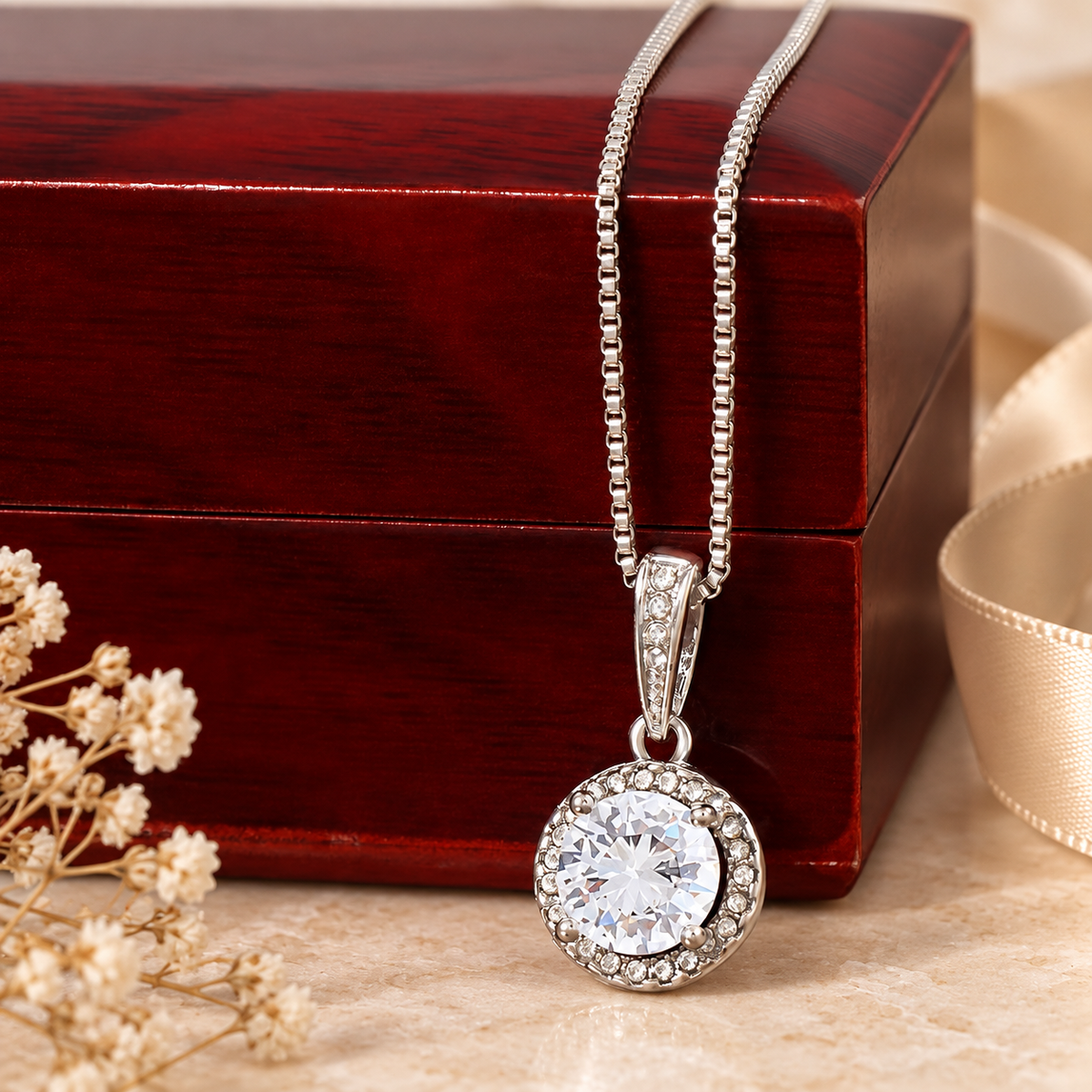 Eternal Hope necklace displayed with the mahogany-style luxury gift box