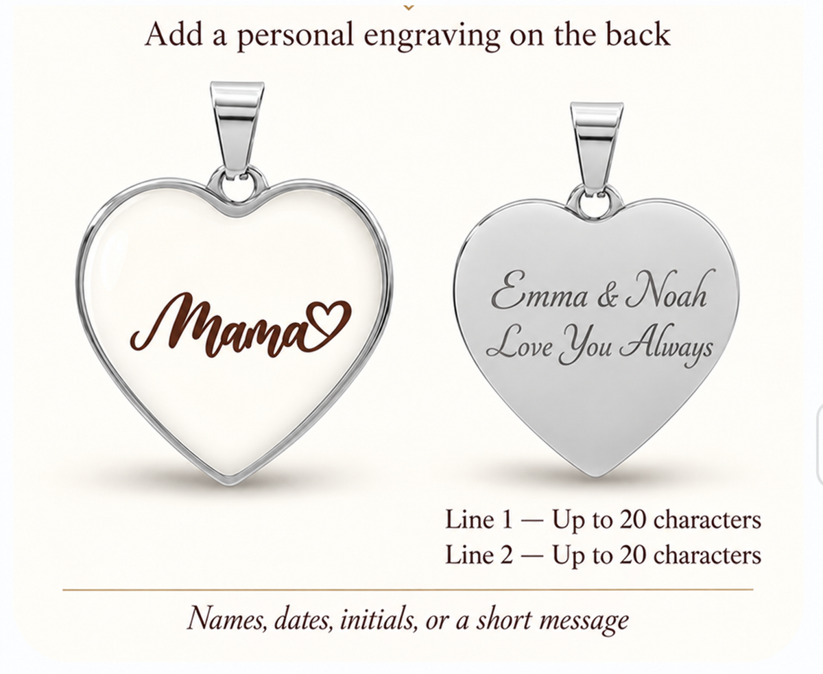 Silver Mama heart necklace with two-line custom engraving on the back