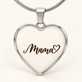 Personalized Mama heart necklace in polished silver, front close-up