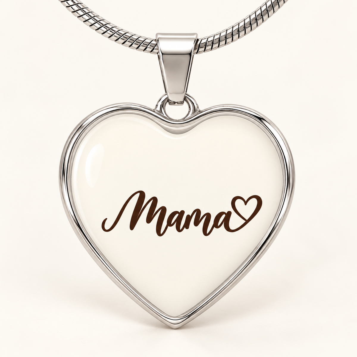 Personalized Mama heart necklace in polished silver, front close-up