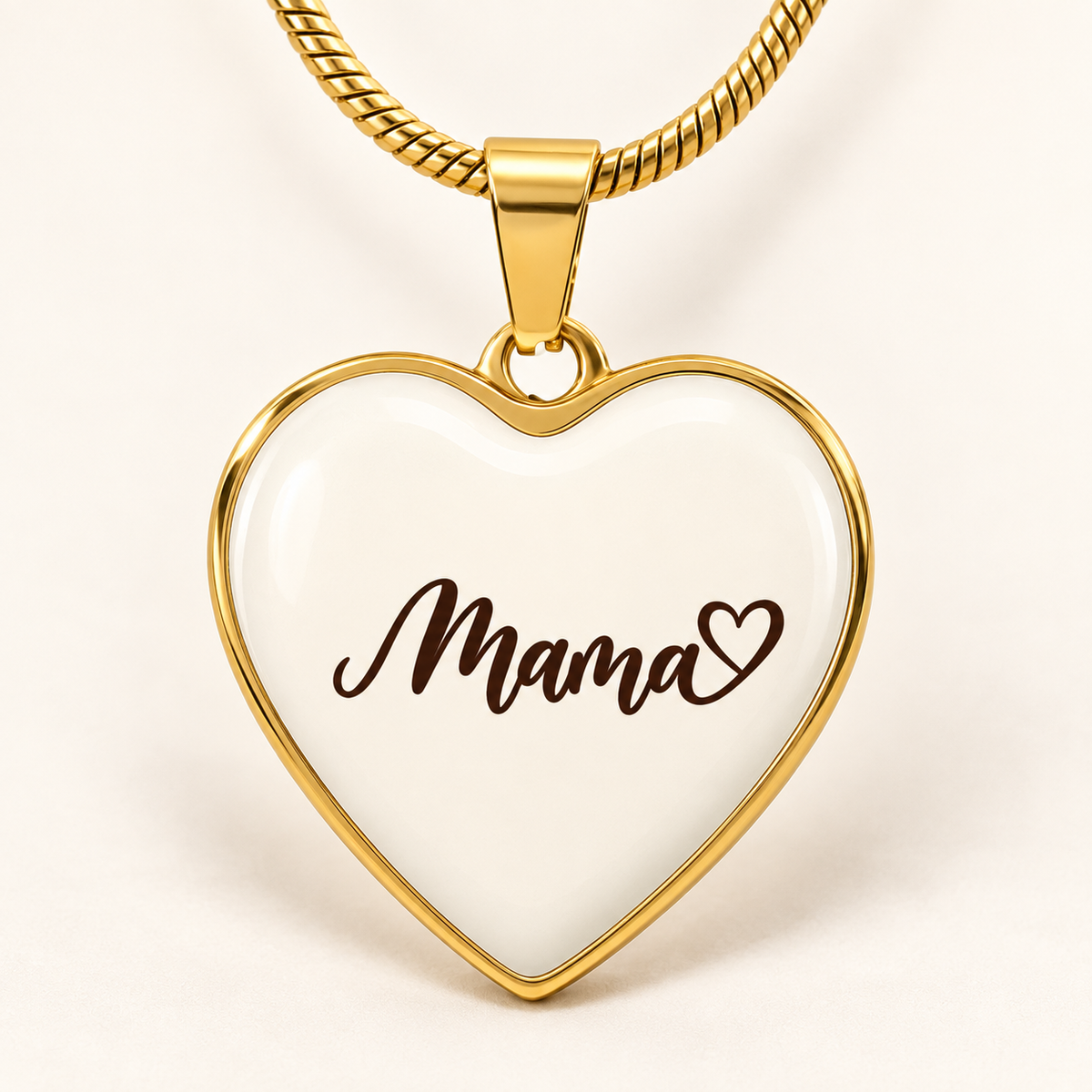 Personalized Mama heart necklace in 18K gold finish, front close-up