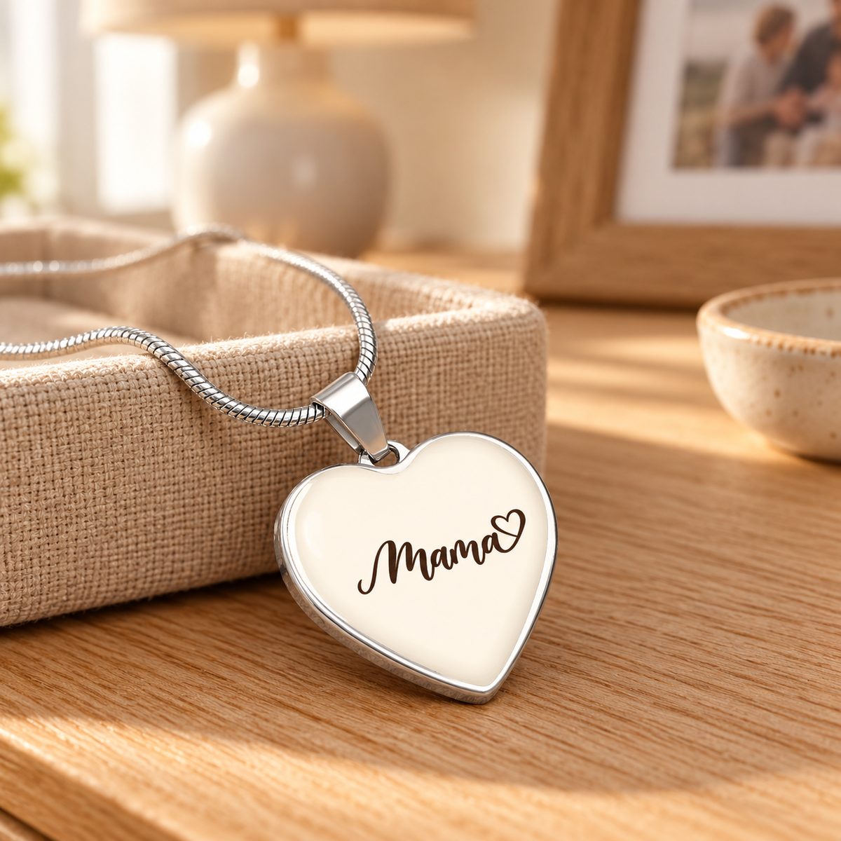Mama heart necklace displayed on a bedroom dresser
