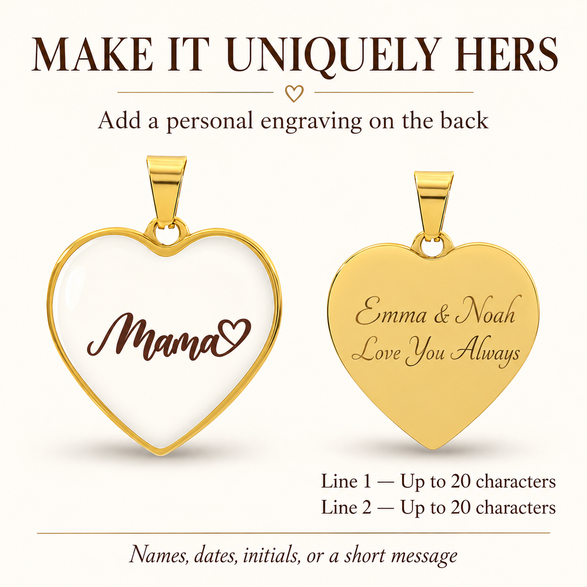 Gold Mama heart necklace with two-line custom engraving on the back