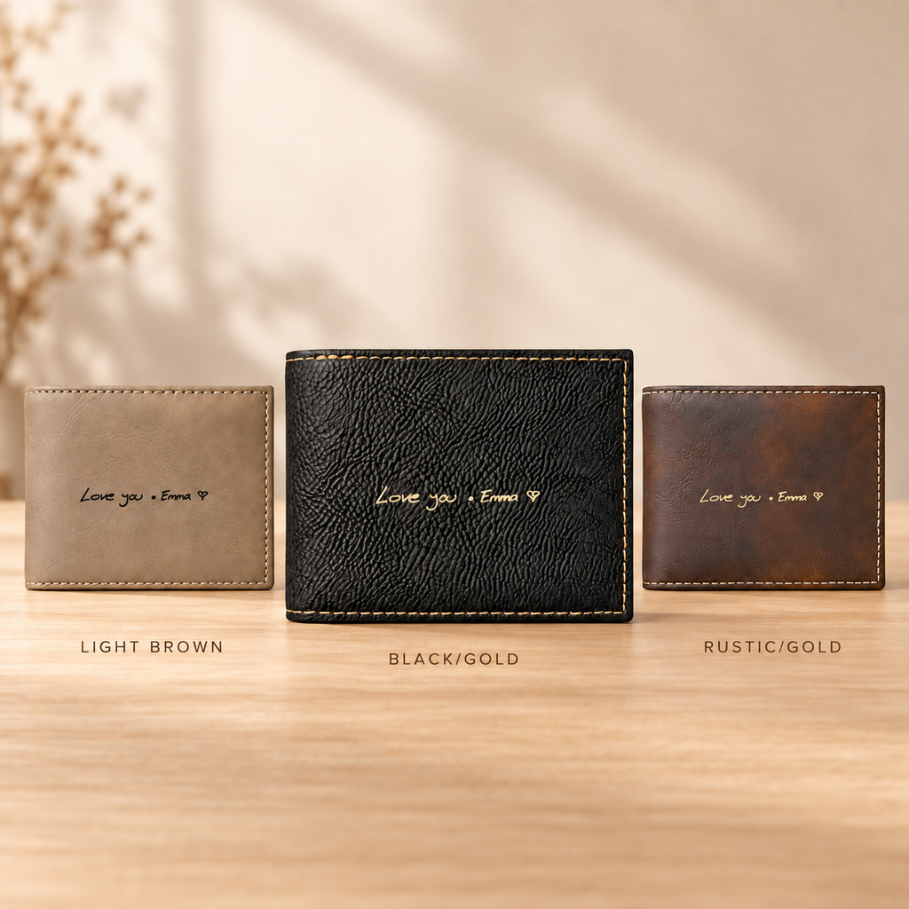 Personalized wallet color options in Light Brown, Black Gold and Rustic Gold