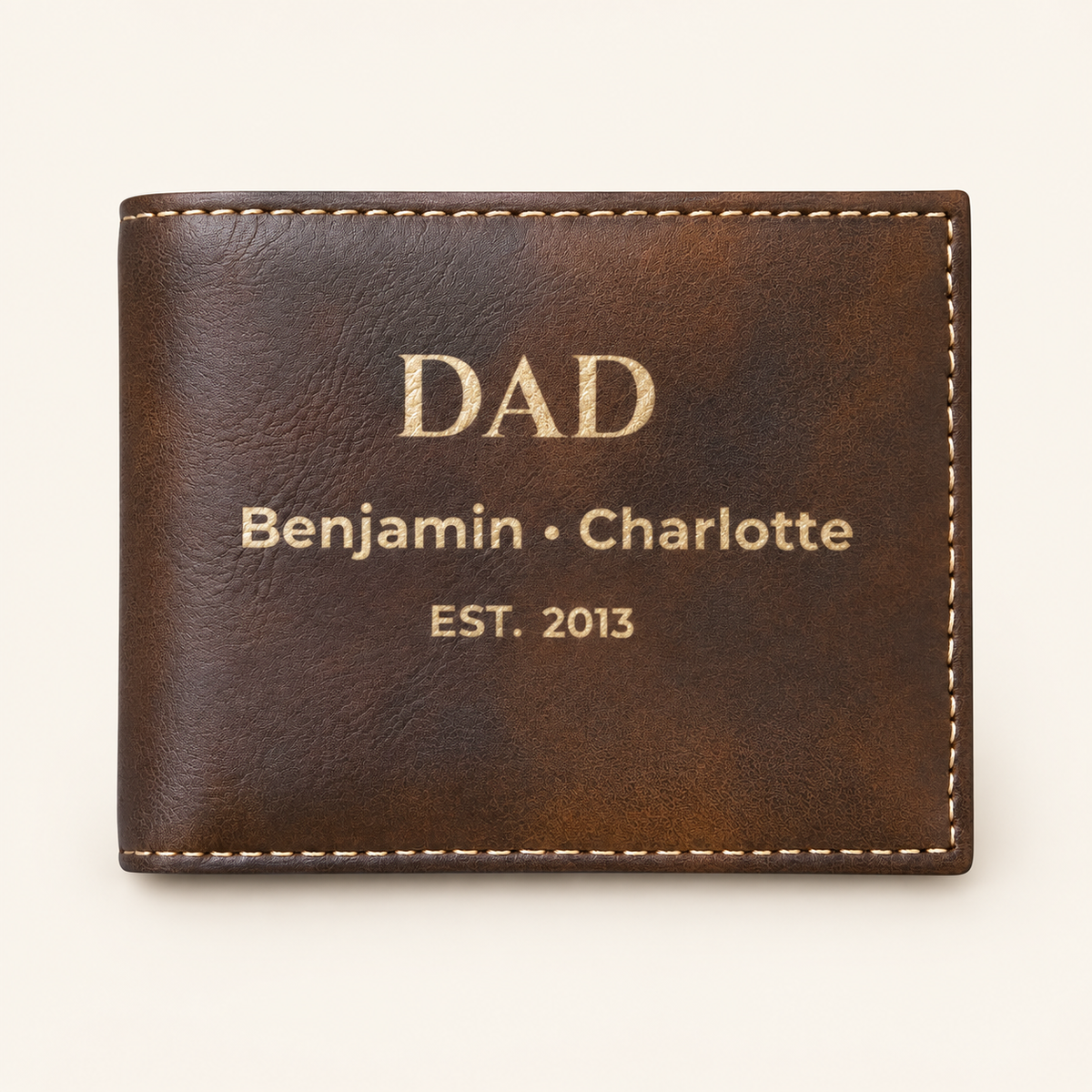 Personalized rustic Dad wallet engraved with children’s names and a special year
