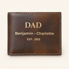 Personalized rustic Dad wallet engraved with children’s names and a special year