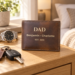 Personalized Dad wallet displayed beside a watch and car keys