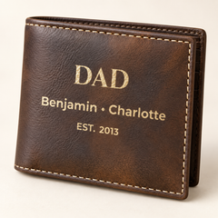 Close-up of gold-tone engraving and stitching on the rustic Dad wallet