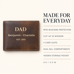 Dad wallet features including RFID protection, ID window and card slots