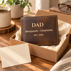 Personalized Dad wallet presented in a gift box with cream tissue paper
