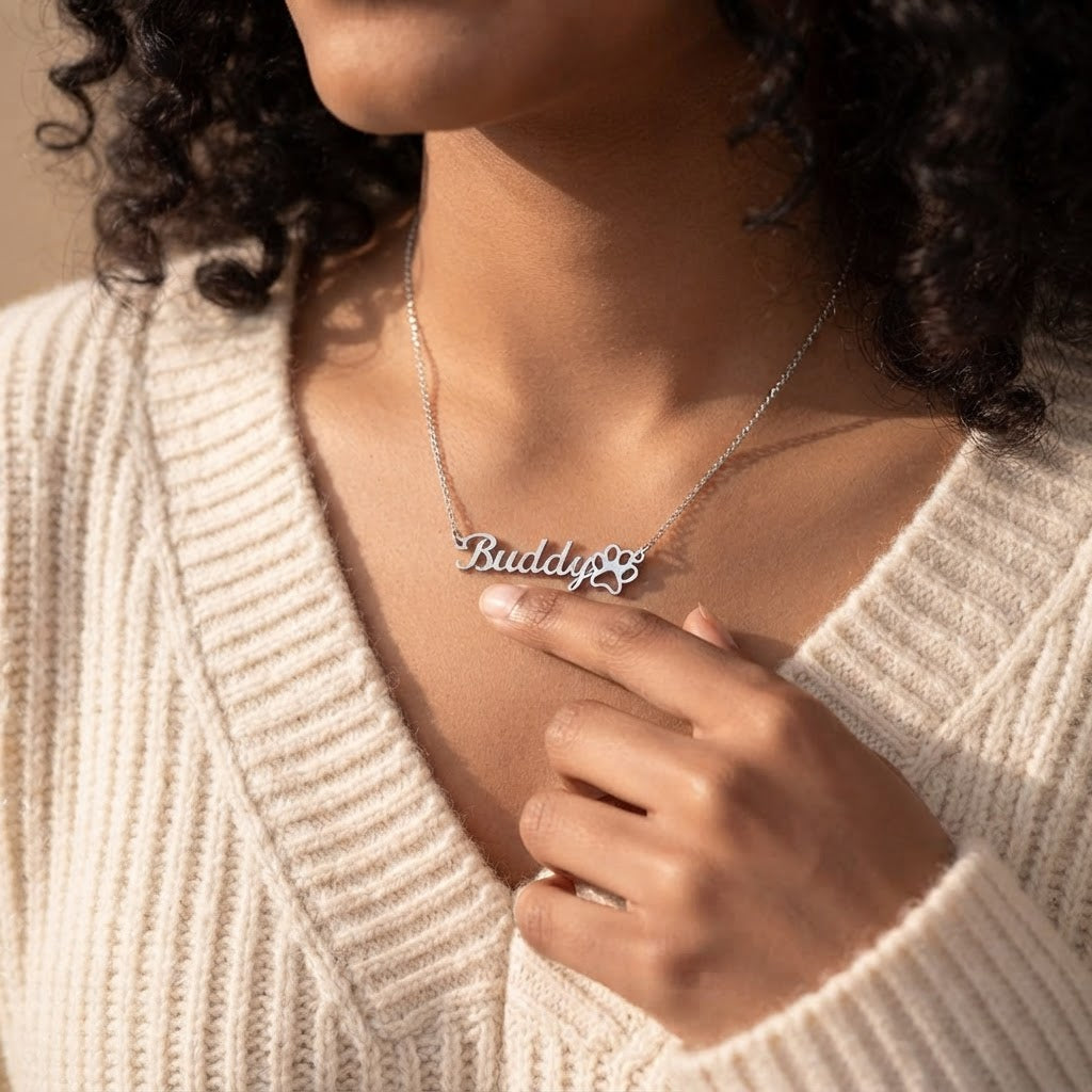 Personalized Pet Name Necklace with Paw Print